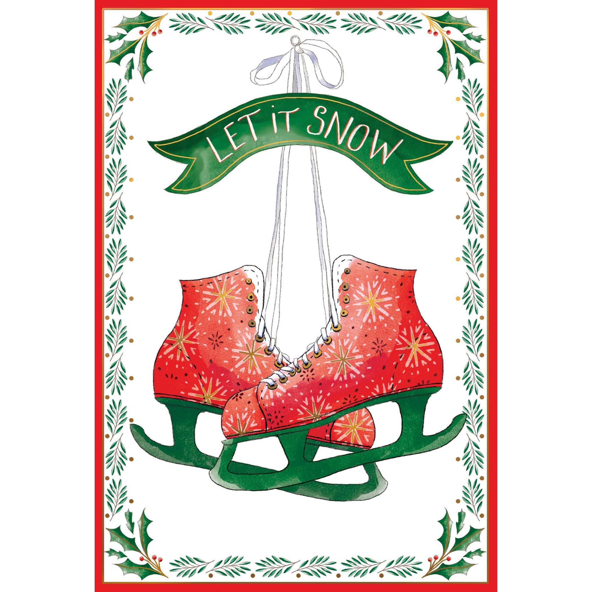 Pictura Let It Snow Skates Christmas card featuring festive winter scene with skates and holiday decorations.